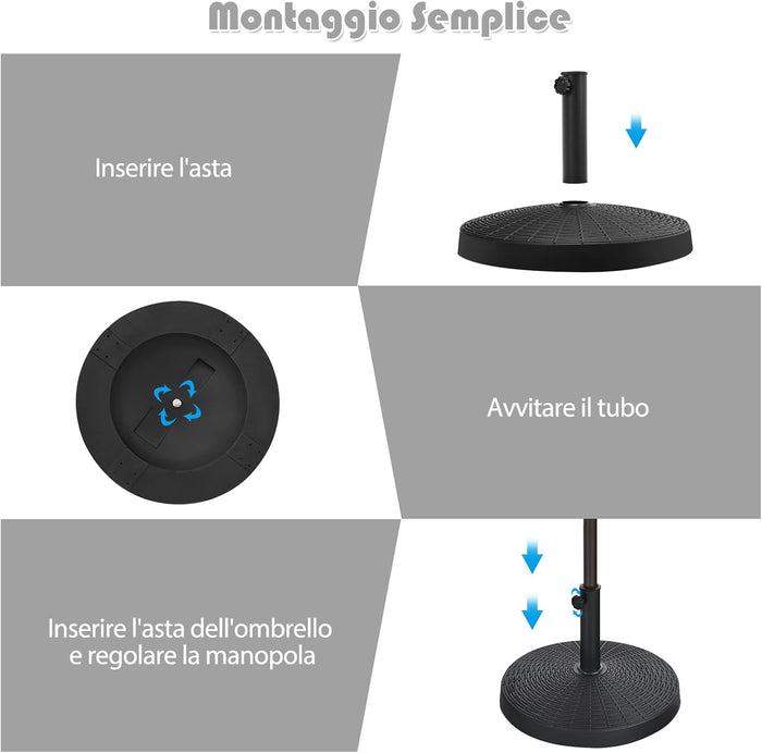 Base per Ombrellone da Giardino 22 kg, Supporto per Ombrellone da Esterno in Resina con Pomello Regolabile, Base Rotonda per Ombrellone 38mm/48 mm, 52 x 36 cm
