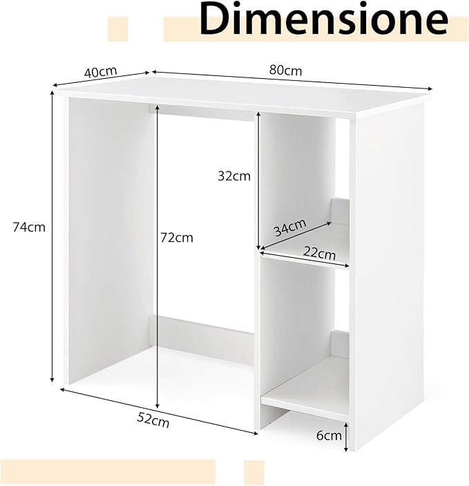 Scrivania per Computer in Legno, Scrivania con 2 Ripiani per Ambienti Piccoli, Scrivania Moderna e Salvaspazio da Casa e Ufficio, Bianco, 80 x 40 x 74 cm