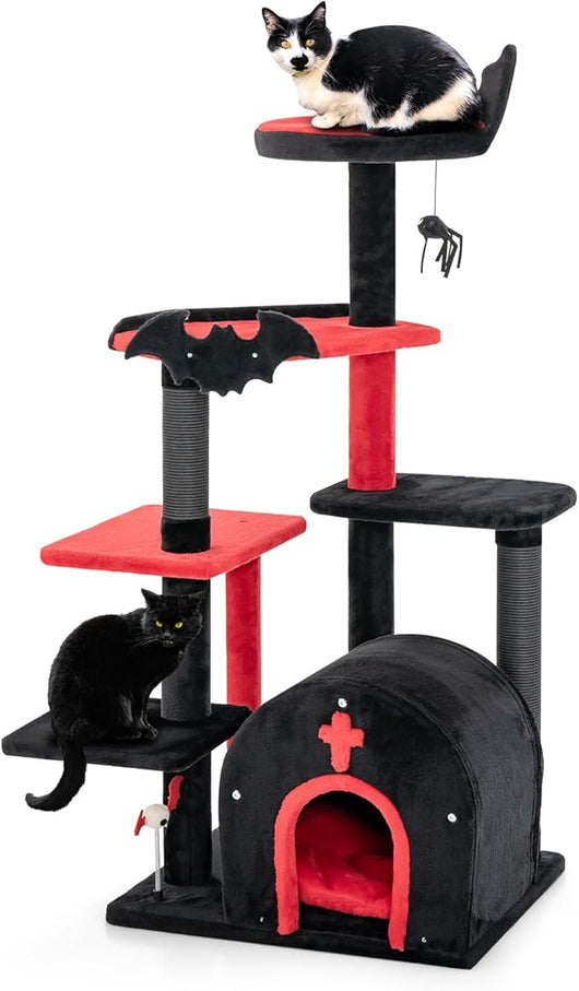 Albero per Gatti Gotico, Tiragraffi con Letto per Gatti, Condominio ad Arco, Pali, Pompom e Palline a Molla, Cat Tree di Halloween a 6 Livelli