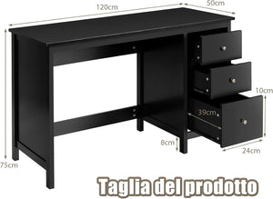 Scrivania per Computer con 3 Cassetti, Tavolo Porta PC con Superficie Spaziosa, Tavolo Moderno per Casa Studio Ufficio (Nero)