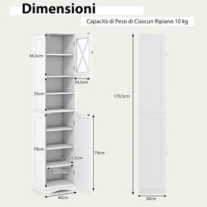Mobile Bagno 40 x 30 x 170,5cm, Armadietto a Colonna Stretto e Alto con 5 Ripiani Regolabili e 2 Porte, Armadio da Terra in Legno per Soggiorno, Camera da Letto, Salotto e Cucina (Bianco)