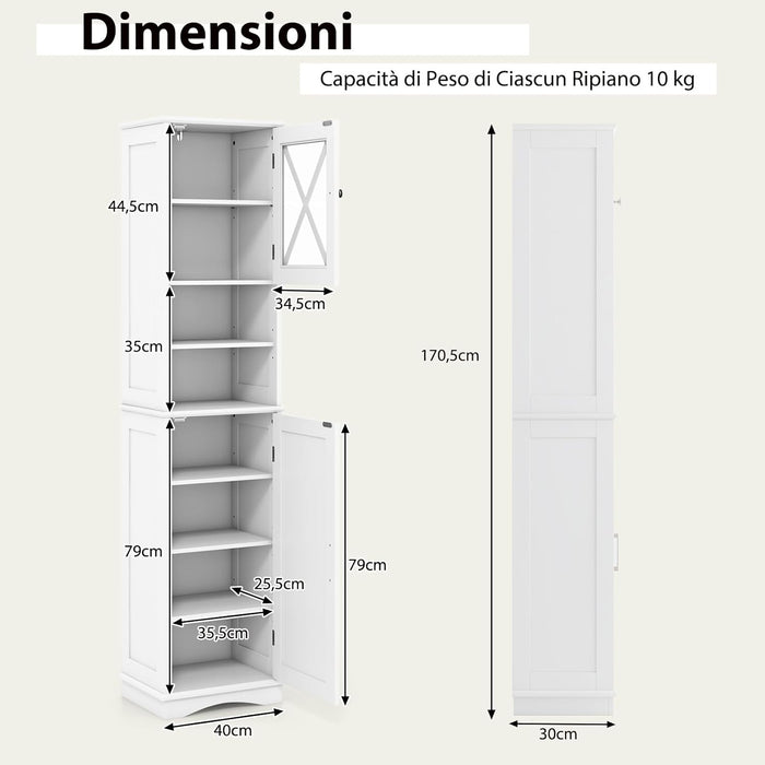 Mobile Bagno 40 x 30 x 170,5cm, Armadietto a Colonna Stretto e Alto con 5 Ripiani Regolabili e 2 Porte, Armadio da Terra in Legno per Soggiorno, Camera da Letto, Salotto e Cucina (Bianco)