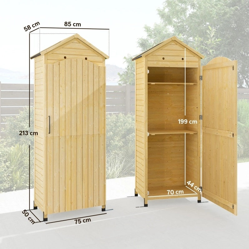 Armadio da giardino verticale in metallo grigio con ripiani regolabili e porta magnetica