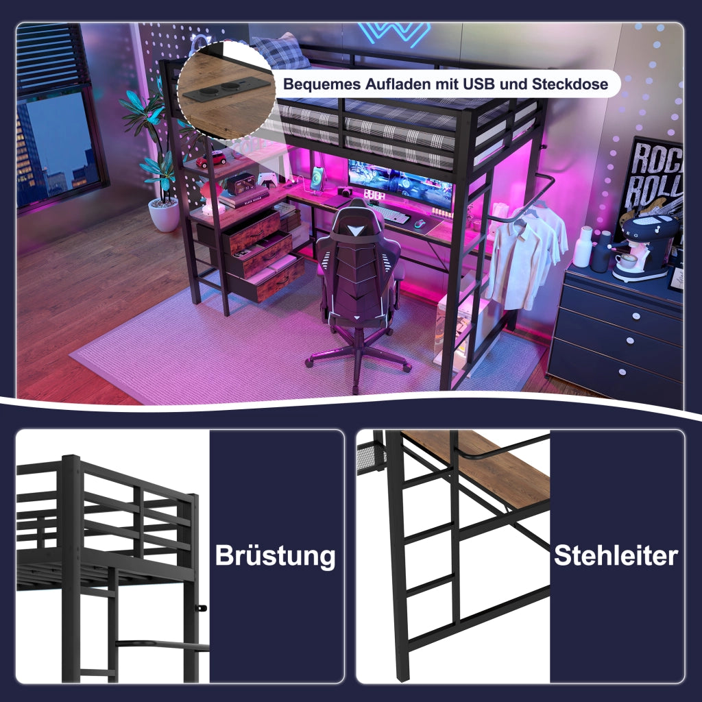 DESMIU Letto a soppalco 90 × 200 cm 1 posto con LED, scrivania, USB, 3 cassetti e ripiani, senza materasso