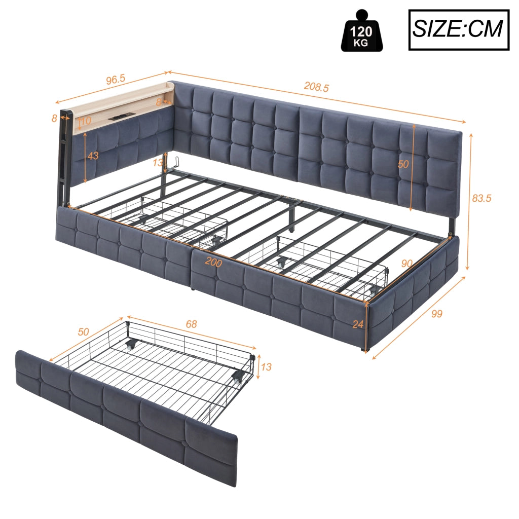 Divano letto imbottito 90x200 cm grigio con 2 cassetti, LED integrato e porte USB/Type-C