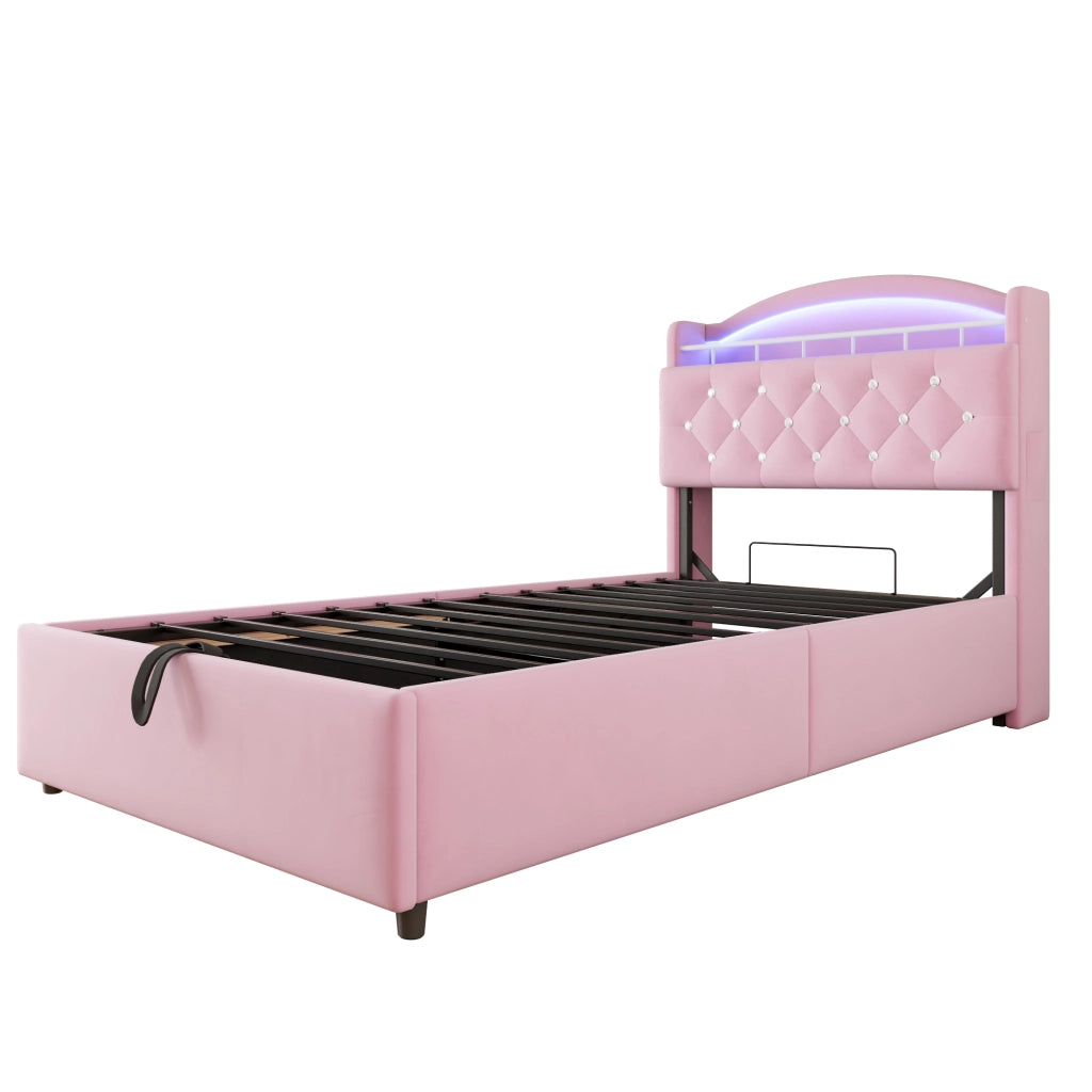 DESMIU Lit enfant 90 × 200 cm con contenitore, LED, 3 USB e Type-C, senza materasso, in velluto, rosa