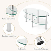 Tavolino da Salotto in Vetro Temperato Moderno, Tavolo Basso e Ovale con Piano Spazioso e 3 Livelli, Ideale per Soggiorno e Ufficio, 89 x 49 x 45 cm (Trasparente)