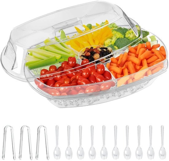 Scatola di snack 3 livelli con coperchio e contenitore per gelo - BPA libero - Robusto - Facile da pulire - Ideale per picnic - Dimensioni 38,1 x 27,7 x 17,5 cm - Contenitore per alimenti