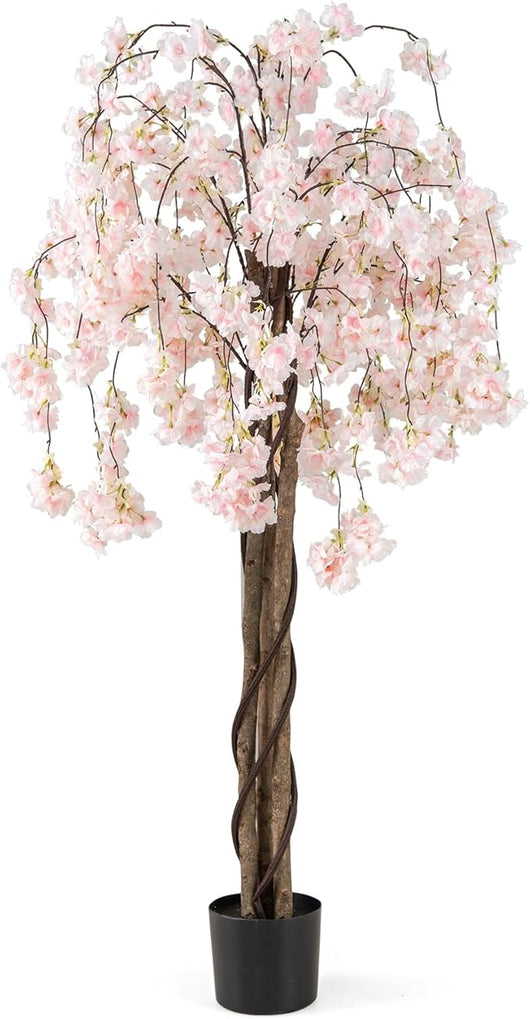 Albero di Ciliegio Artificiale 163 CM, Pianta Finta da Interno con Vaso in PP Riempito con Cemento, Fiori in Tessuto, Decorazione per Ufficio, Casa e Veranda (Bianco)