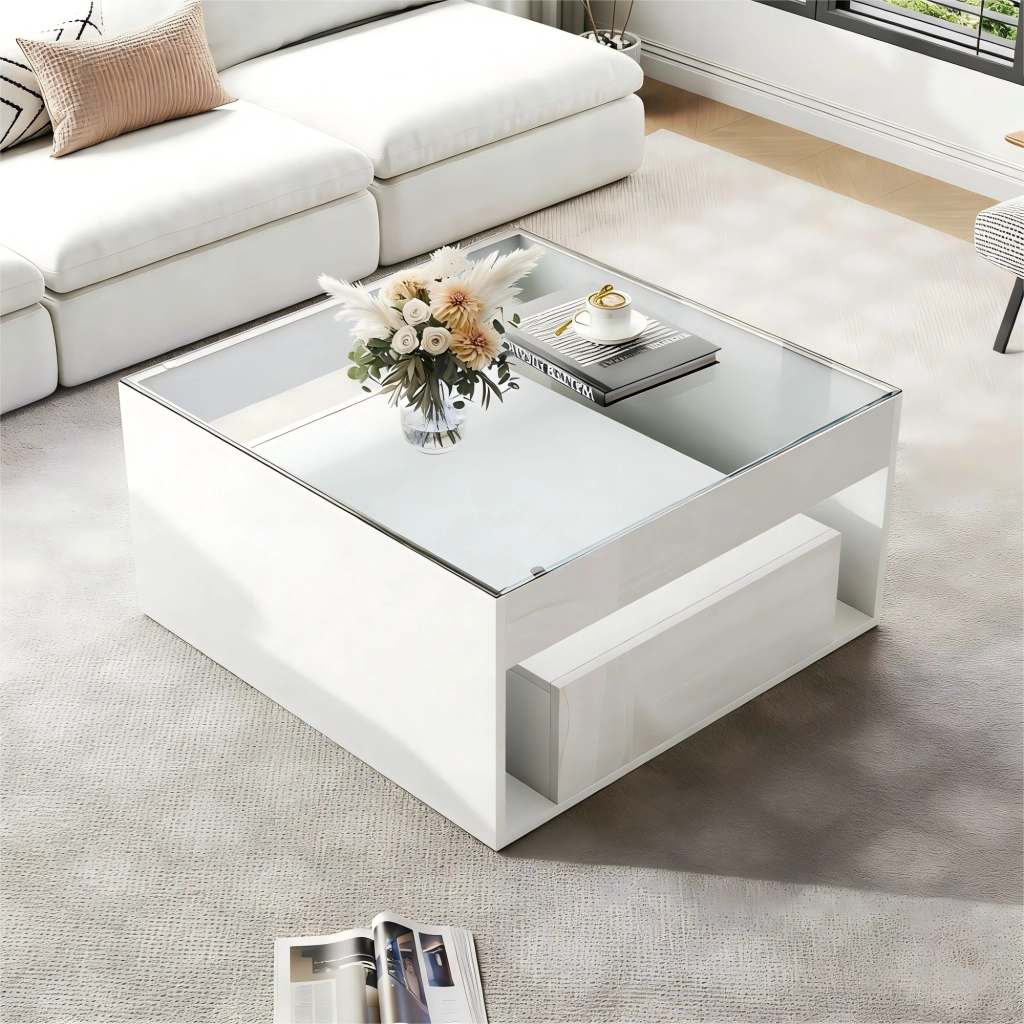 Tavolino basso con 2 cassetti piano in vetro temperato LED e vano centrale in MDF bianco 70 × 70 × 35 cm