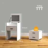 Tavolo da Trucco in Legno con Specchio Ribaltabile, 2 Cassetti e Sgabello, 50x40x113.5 cm, Bianco