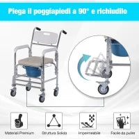 Sedia a Rotelle Impermeabile con WC Seduta in Ecopelle, 4 Ruote, Vaso Rimovibile per Anziani/Disabili, 84x54x96cm