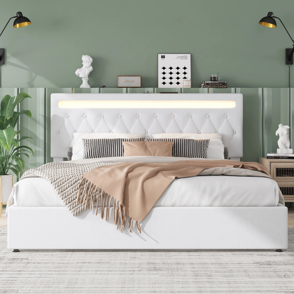 LETTO 180x200 cm imbottito con sollevamento idraulico, bianco, USB