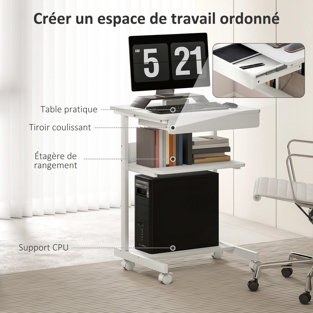 Scrivania per computer con cassetto e ruote ¨C zephmum ¨C bianco 56x51x75 cm