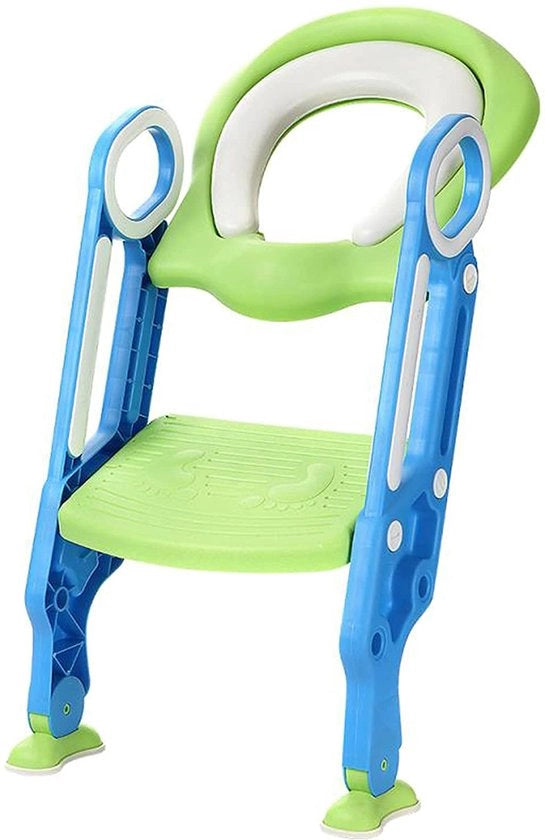 Toilettraining per bambini con sedile pieghevole e trappola – Altezza regolabile, cuscino in PU e maniglie – Pastello blu-verde