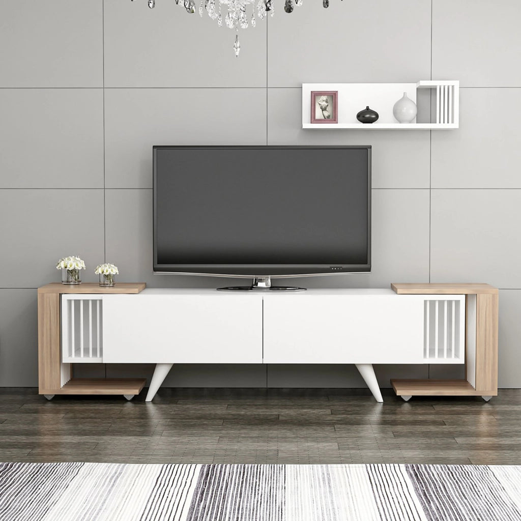 Set di Mobili da Soggiorno 'Glostrup' Composto di Mensola da Muro, Mobile Porta TV e 2 Tavolini - Rovere  / Bianco [en.casa]
