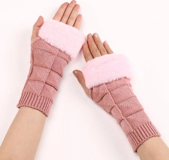 Mouwen da donna in lana, con guanti a mezza mano, lunghe maniche a strappo per donna, caldi per donna, invernali e autunnali, colore rosa.