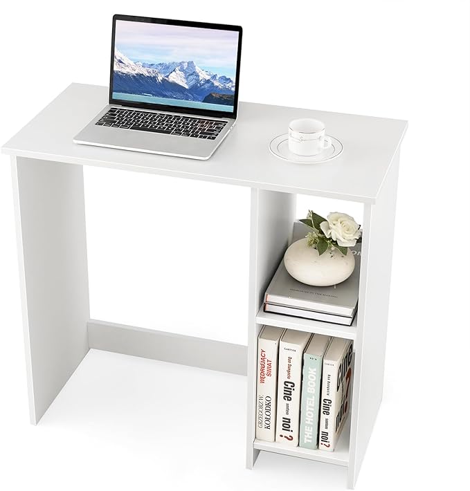 Scrivania per Computer in Legno, Scrivania con 2 Ripiani per Ambienti Piccoli, Scrivania Moderna e Salvaspazio da Casa e Ufficio, Bianco, 80 x 40 x 74 cm