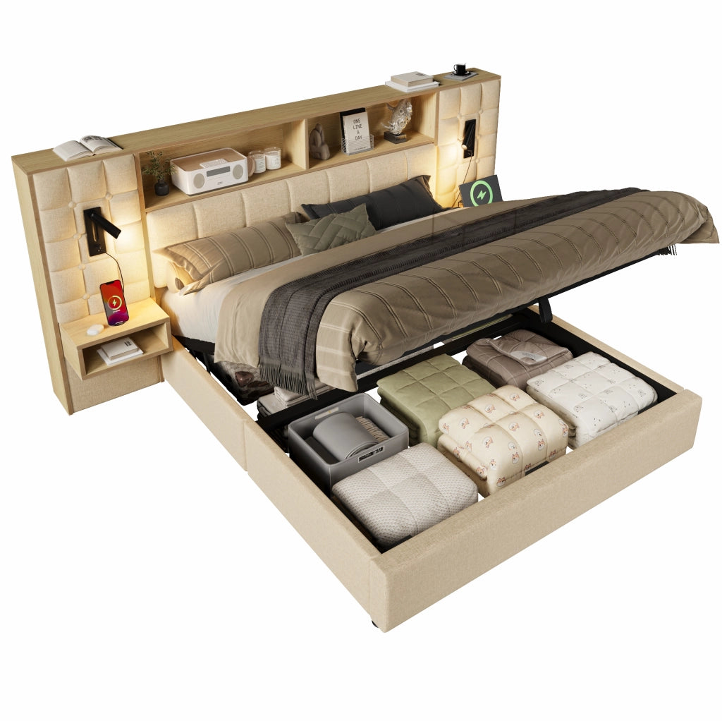 Letto matrimoniale 180x200 cm con contenitore; testiera con luci di lettura e prese USB Tipo C; beige