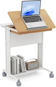 Tavolo per Laptop con Ruote, Piano Inclinabile, Scomparto Nascosto, Ripiani di Stoccaggio e Pannelli Forati, Tavolino per Computer a Forma di C per Spazi Ridotti