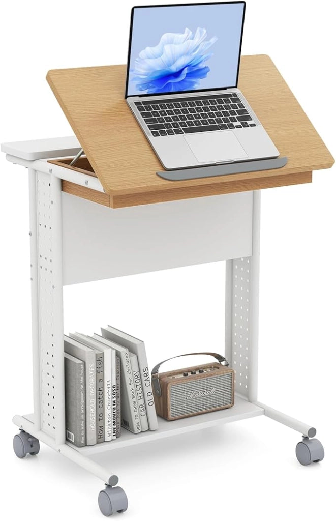 Tavolo per Laptop con Ruote, Piano Inclinabile, Scomparto Nascosto, Ripiani di Stoccaggio e Pannelli Forati, Tavolino per Computer a Forma di C per Spazi Ridotti