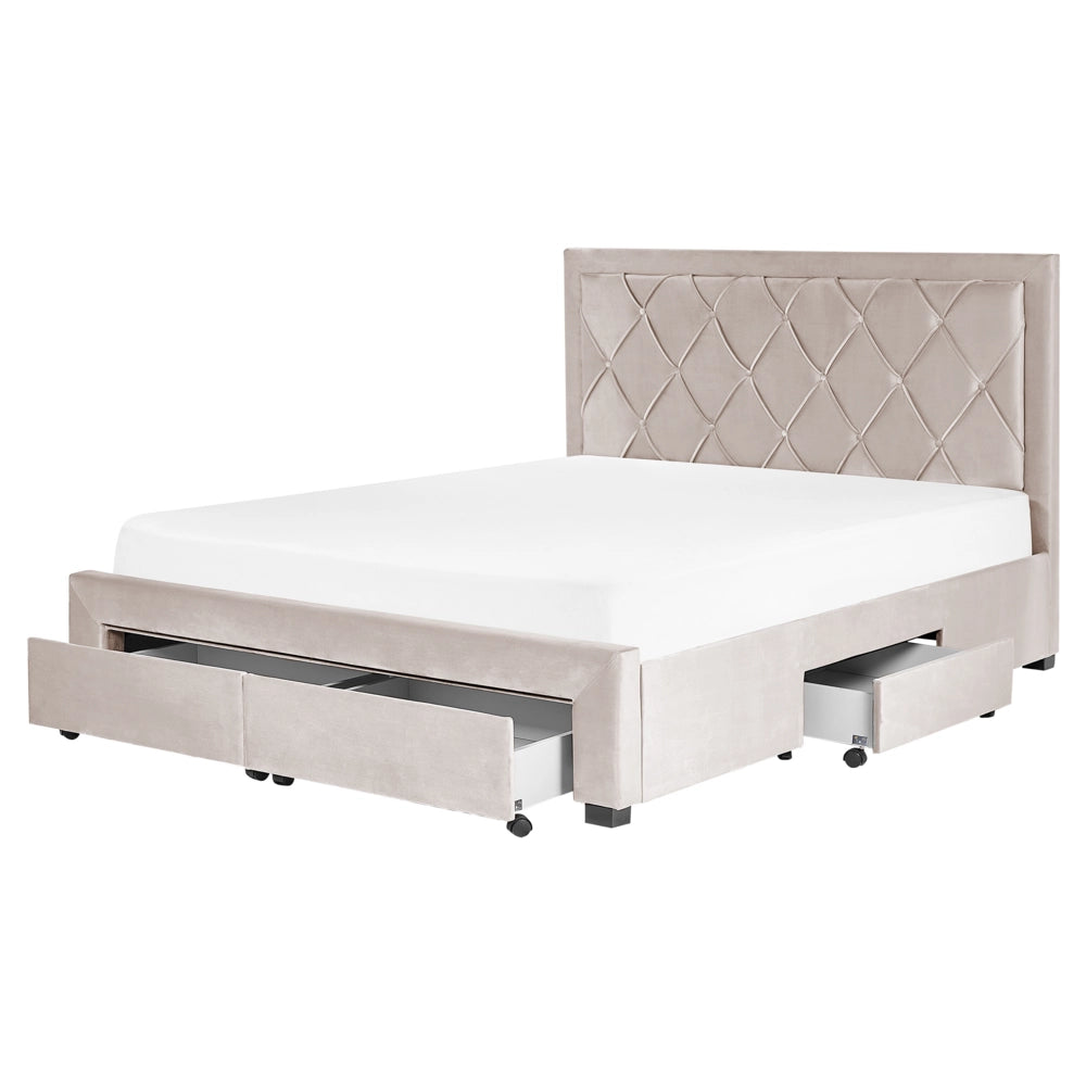 Letto contenitore tappezzeria in velluto beige 160 x 200 cm trapuntato testiera alta cassetti Glam Design