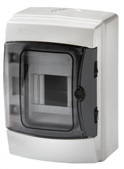Centralino da parete 4 moduli con portello fumé, grigio RAL 7035, 150x170x100 mm, IP65, ideale per installazioni elettriche interne ed esterne
