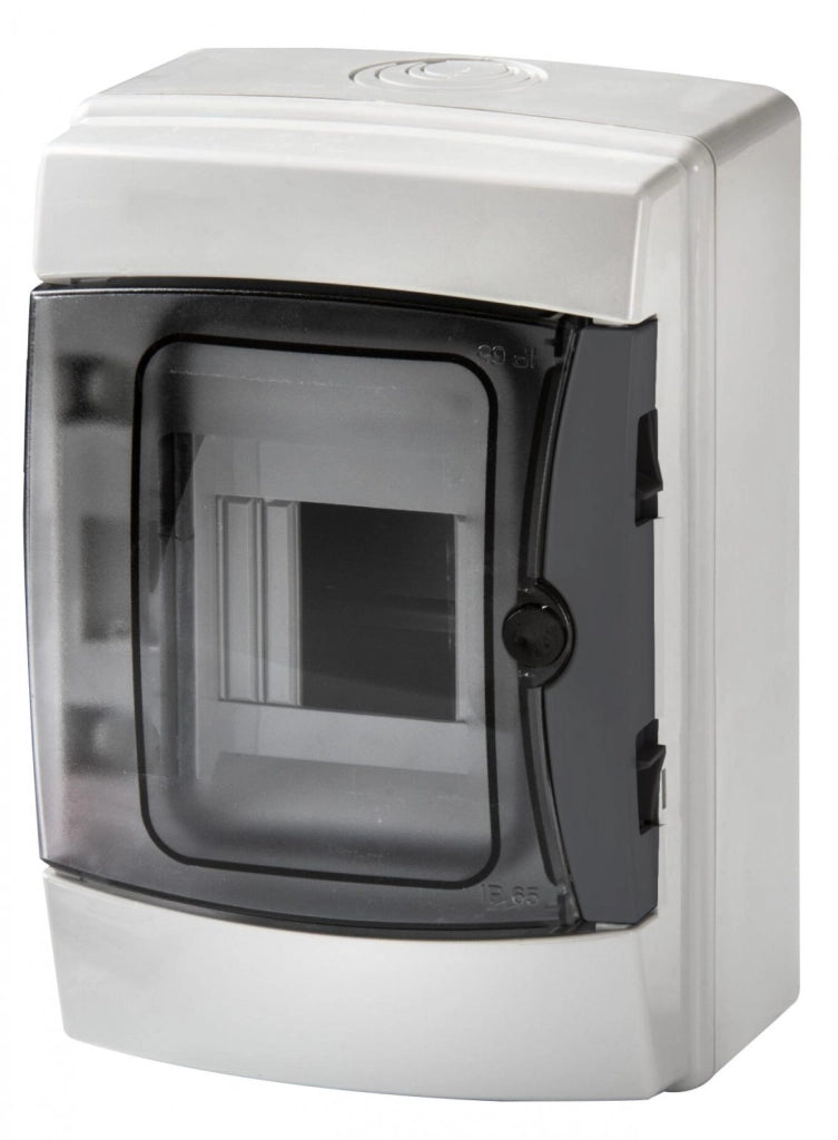 Centralino da parete 4 moduli con portello fumé, grigio RAL 7035, 150x170x100 mm, IP65, ideale per installazioni elettriche interne ed esterne