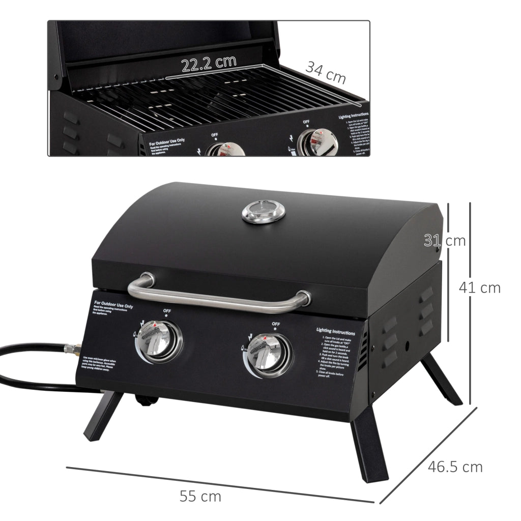 Easycomfort Barbecue a Gas Pieghevole con Coperchio, Termometro e 2 Bruciatori in Acciaio, 55x46.5x41 cm, Nero