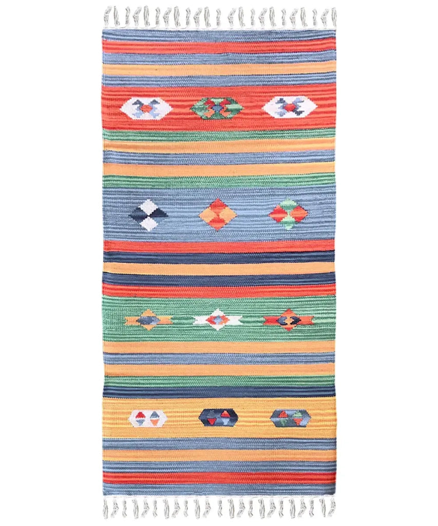 Tappeto KELIM 05 disegni etnici orientali colori vivaci cm.140x200 tessuto e frangia 100% cotone, lavabile in lavatrice