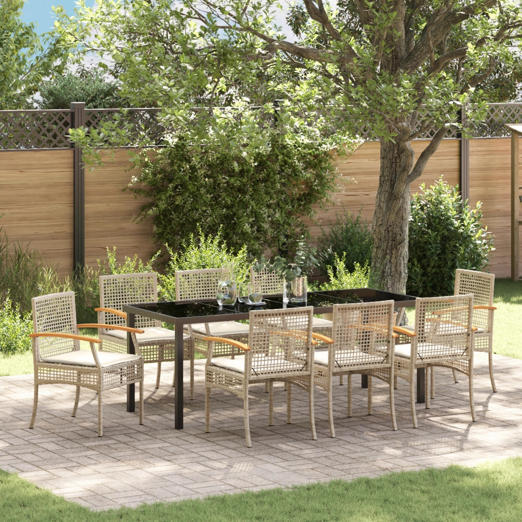 Set da pranzo da giardino da 9 pezzi con cuscini beige in polirattan