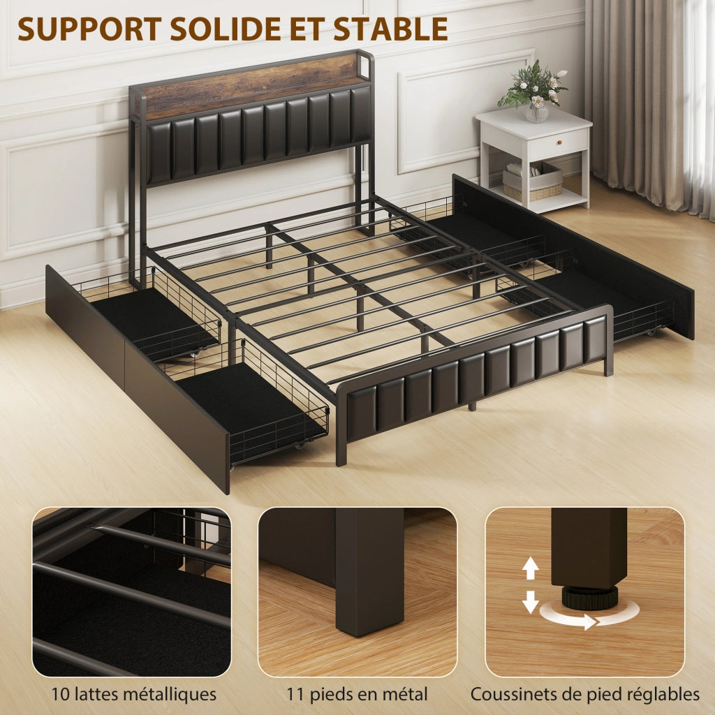 Letto matrimoniale imbottito con contenitore e rete a doghe ¨C zephmum ¨C nero 140x190