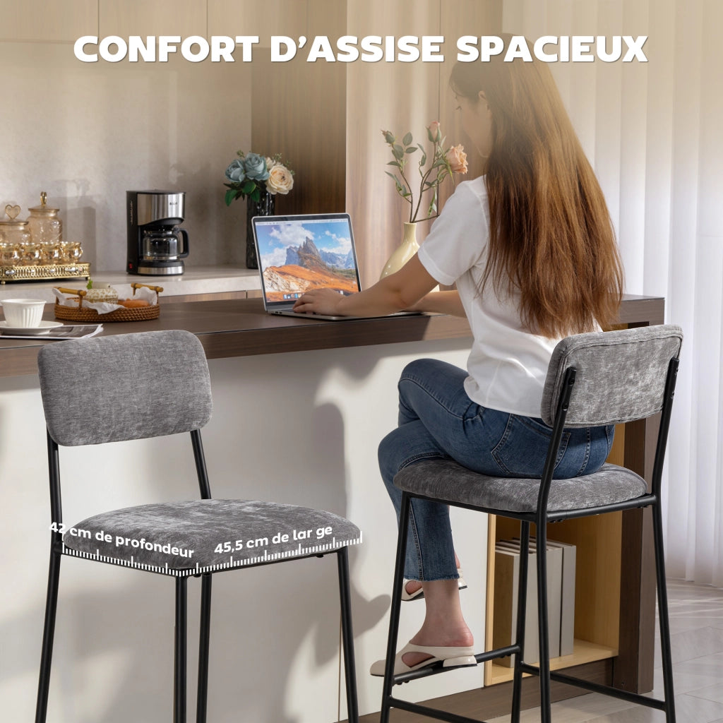 Set 2 Sgabelli da Bar Imbottiti ¨C Xylo ¨C Tessuto Chenille Grigio, Schienale Alto, 45.5x48x101cm