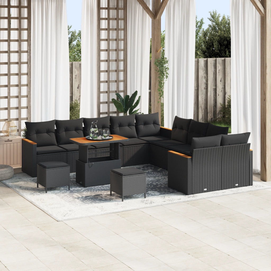 Set di Divani da Giardino con Cuscini da 13 Pezzi Nero Polyrattan Acacia