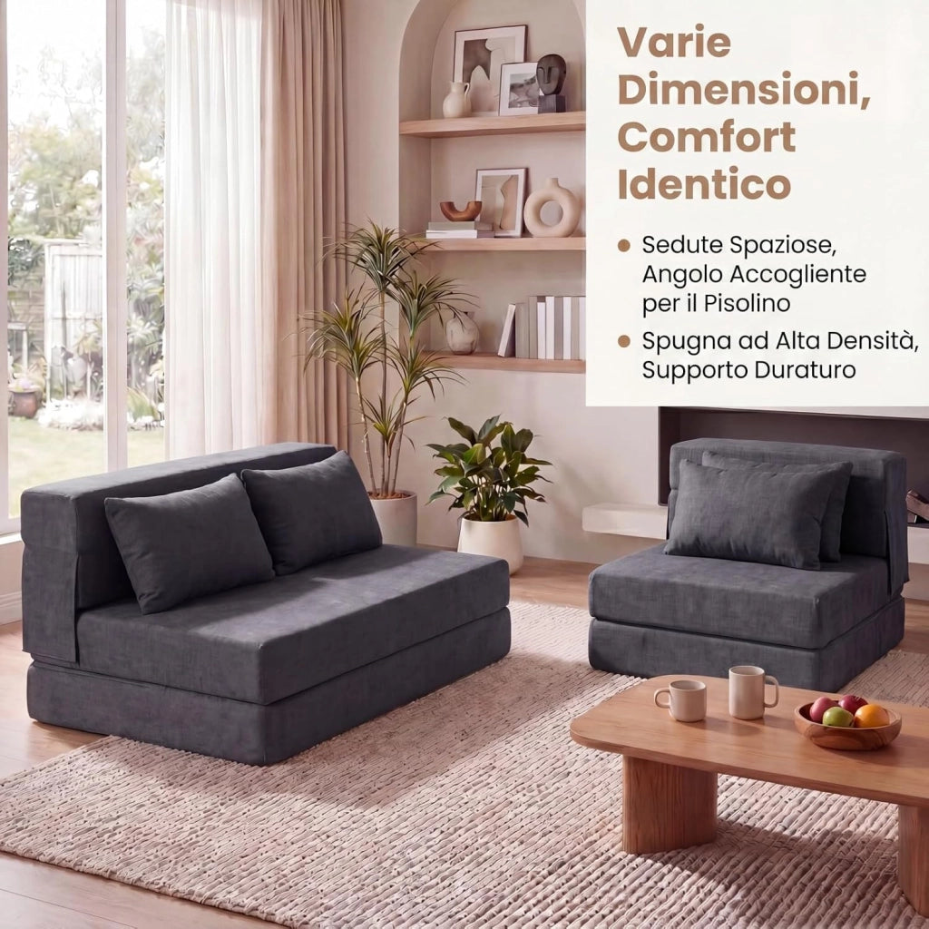 Divano Letto 2 Posti Pieghevole, 3 in 1 Divanetto Trasformabile con 2 Cuscini, Schiuma ad Alta Densità e Rivestimento in Tessuto Chenille, Poltrona Letto per Soggiorno (Grigio,72 x 76 x 58 cm)