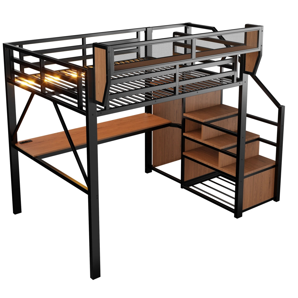 Letto a soppalco 140 × 200 cm con scrivania lunga, LED, scaffale regolabile et scala di sicurezza, senza materasso