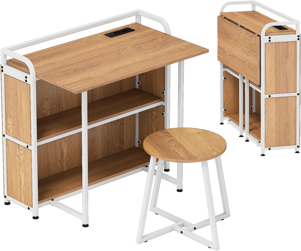 Scrivania per Computer con Piano Pieghevole e Stazione di Ricarica, 2 Ripiani Portaoggetti e Sgabello Rotondo, 90 x 55 cm, Ideale per Studio, Camera da Letto e Sala da Pranzo