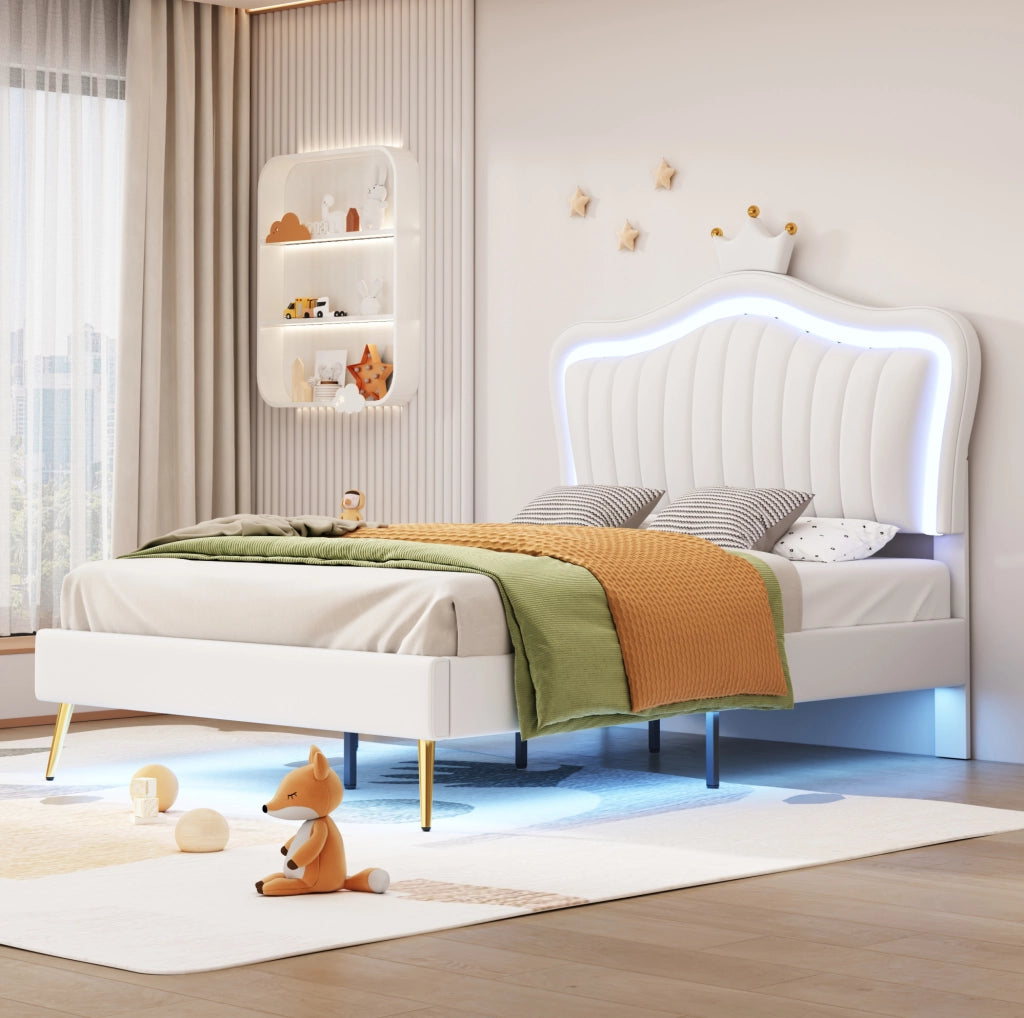 Letto bambino 90x200 cm bianco – LED e testiera a corona, senza materasso