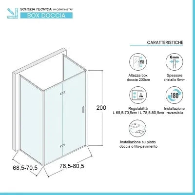 Box doccia 70x80x70 cm porta a soffietto trasparente H 200 cm Ted