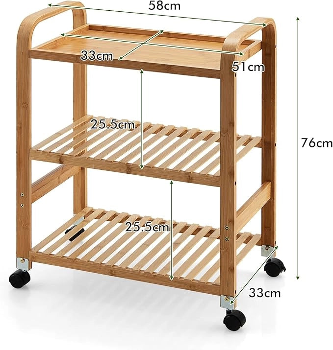 Carrello da Cucina di Bambù, Scaffale da Cucina con 3 Livelli e Ruote Staccabili, Ideale per Casa Ristorante Bar, 58x33x76 cm