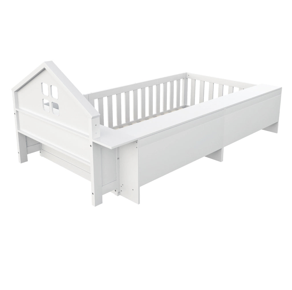 Letto per bambini 90x200 cm con contenitore; tetto con finestra; bianco