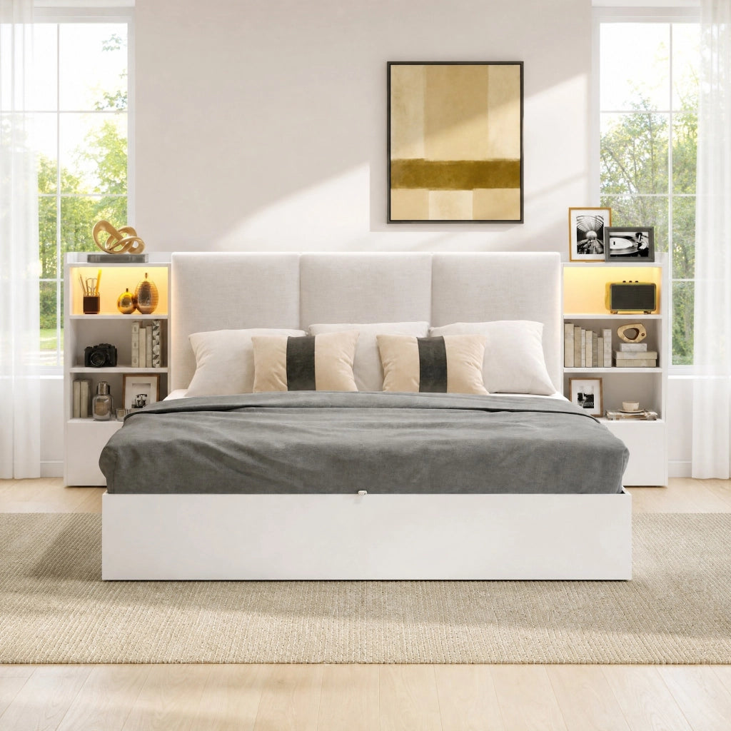 DESMIU Lit coffre 180 × 200 cm 2 posti con 6 vani, LED, senza materasso, in MDF e compensato, bianco