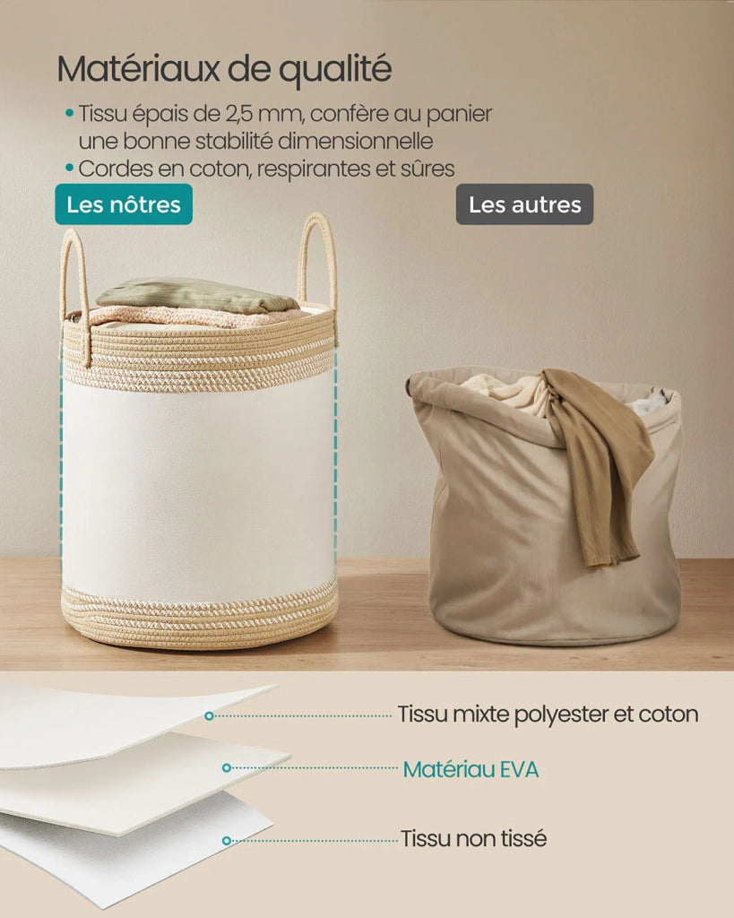 Cesto portabiancheria 60 litri contenitore con coperchio manico in corda di cotone coulisse per vestiti coperte soggiorno camera da letto 41 x 41 x 46 cm marrone 12_0006683