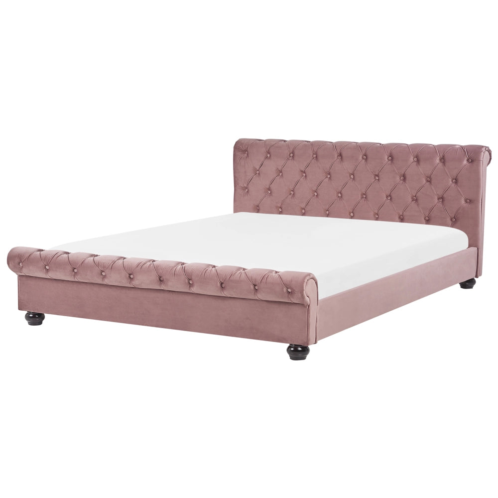 Letto rivestimento in velluto rosa Gambe in legno Nero 180 x 200 cm abbottonato Glam