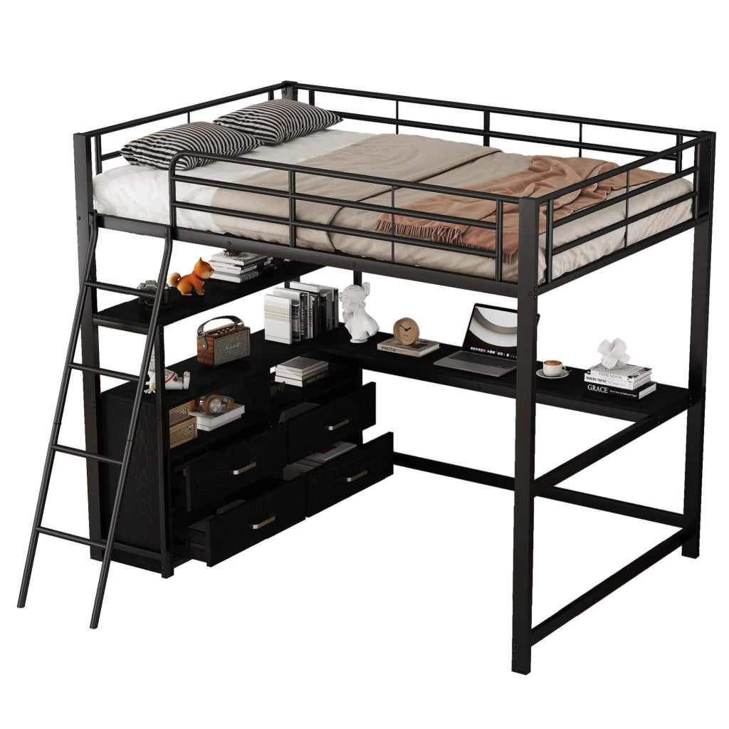 Letto a soppalco 140x200 cm con scrivania a L e cassetti in MDF e metallo nero