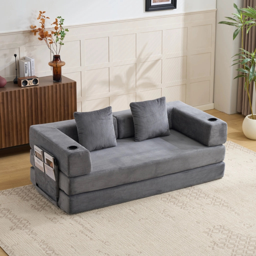 Divano letto pieghevole con funzione letto, tasche laterali e portabicchieri in velluto a coste grigio scuro per salotto