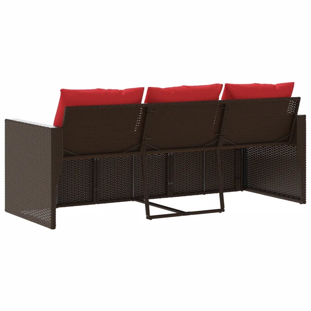 Divano da Giardino a 3 Posti con Cuscini in Polyrattan Marrone