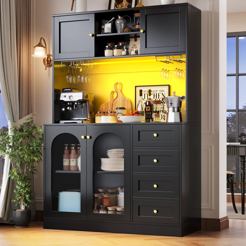 Credenza da Cucina Alta con 4 Ante; LED Regolabile e Vani Interni; in MDF Nero; 120 x 40 x 188 cm