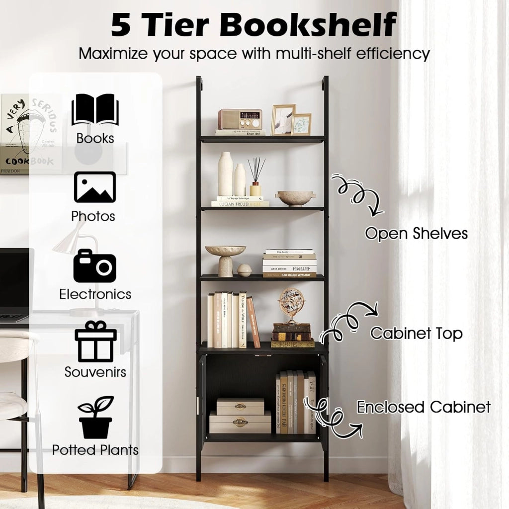 Libreria a 5 livelli con 1 armadio, 60 x 35 x 184 cm, scaffale per soggiorno, casa, ufficio e camera da letto