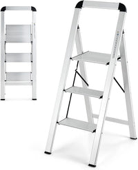 Scala Pieghevole in Alluminio a 3 Gradini, Scaletta Salvaspazio con Corrimano, Ampi Pedali e Piedini Antiscivolo, Telaio in Alluminio Robusto e Leggero, Portata 150kg